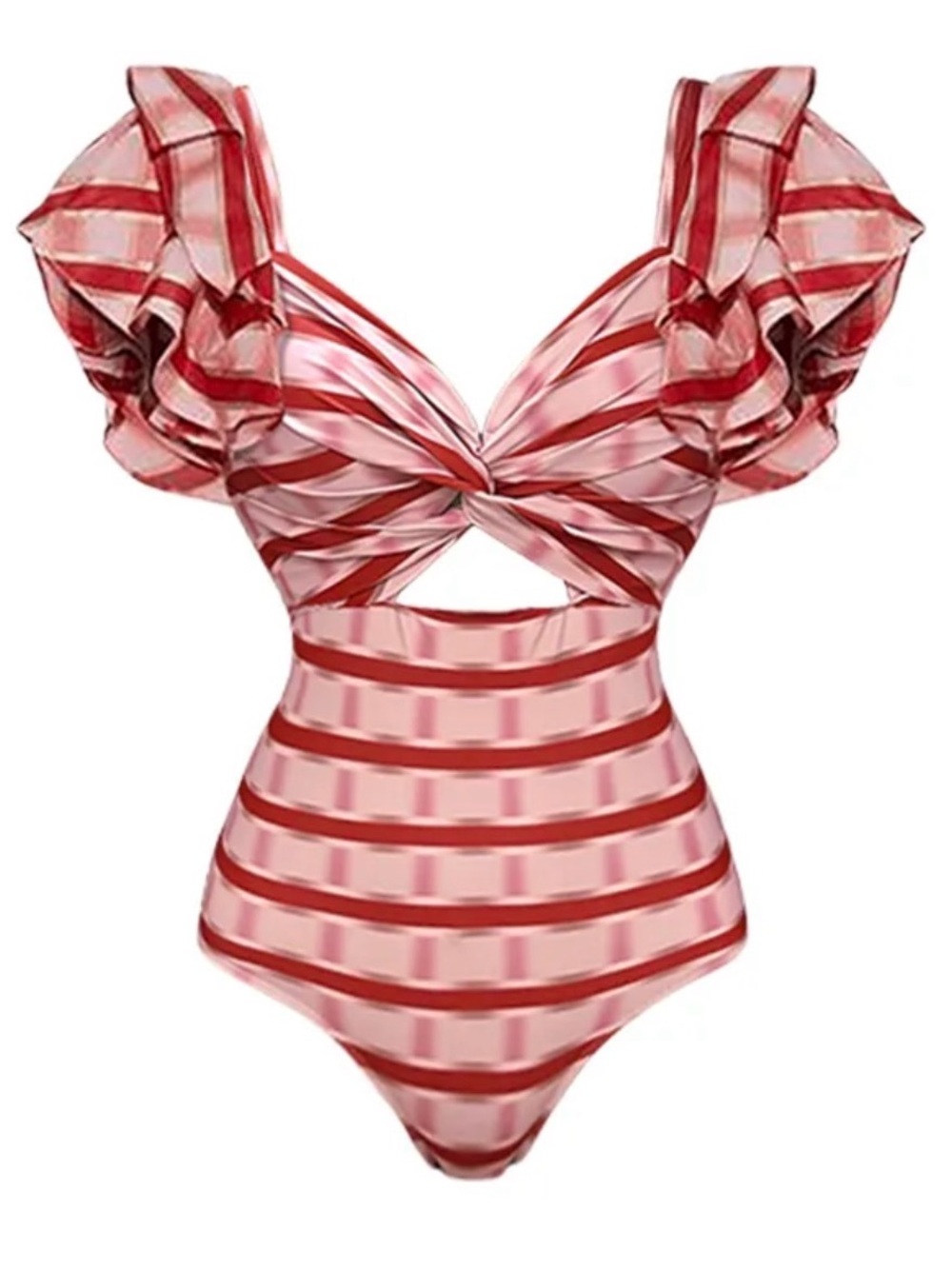 Flaxmaker Ruffle Red Pink Striped Printed Cut Out One Piece Swimsuit Medium
